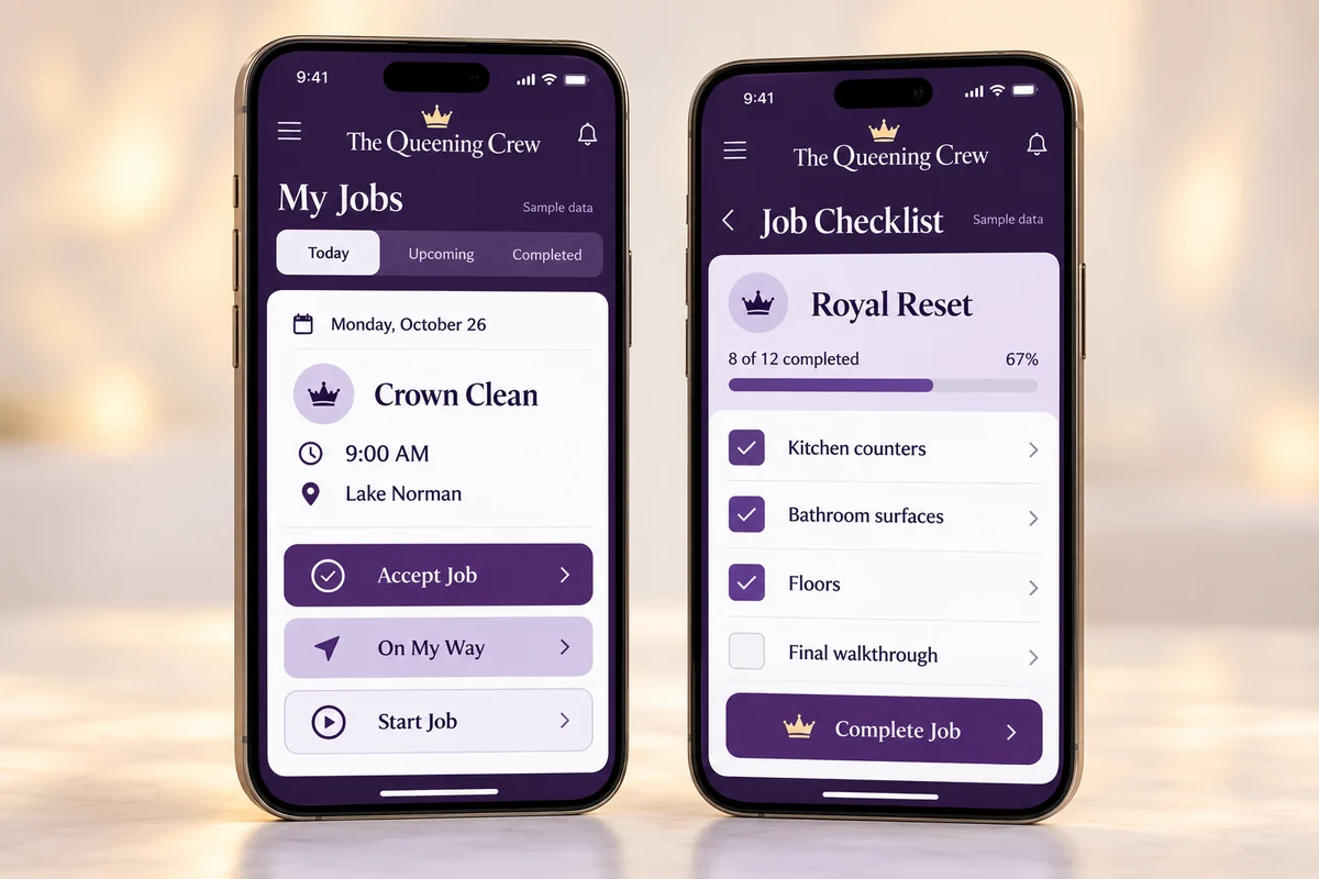 Illustrative Queening Crew employee app showing job acceptance, on-the-way updates, and a cleaning checklist with sample data