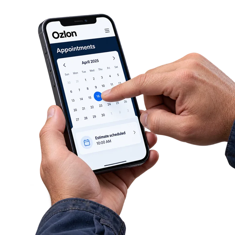 A finger selecting an appointment on a phone calendar. Illustrative product view.
