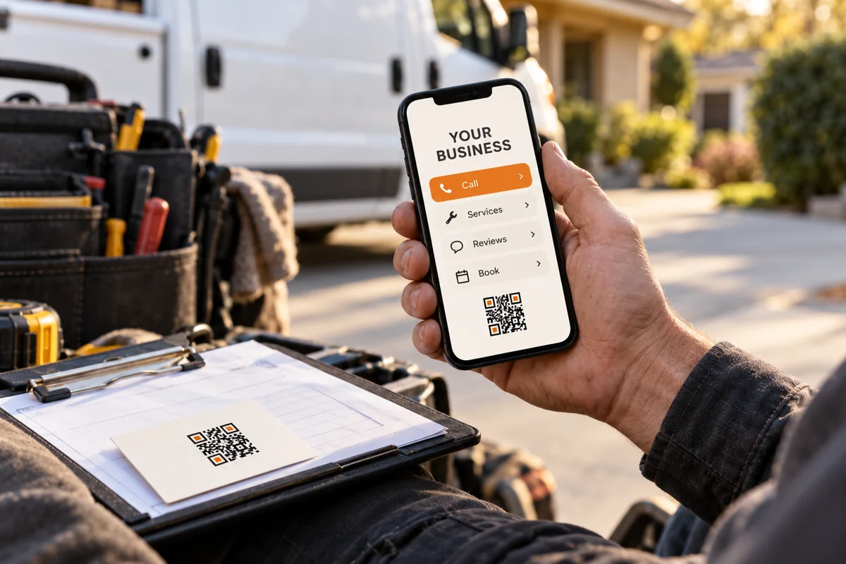 Illustration of a contractor sharing a digital business card with a QR code and business links on a phone