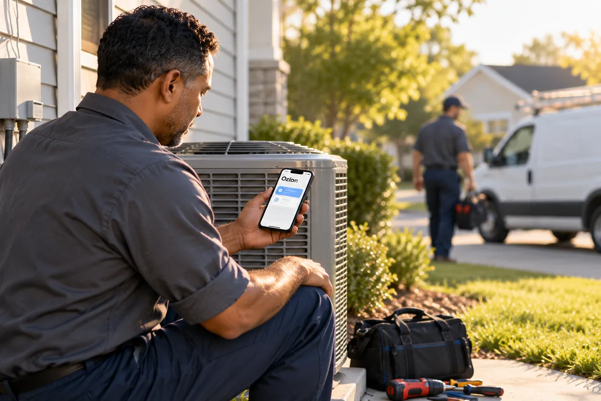 Illustrative HVAC technician checking customer messages on a phone at a job