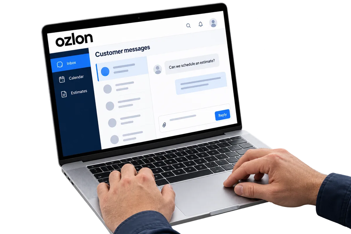 An illustrative customer conversation inbox on a laptop