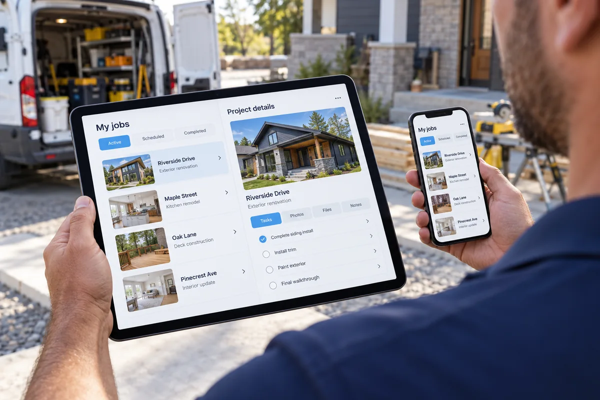 A contractor viewing a custom job-management app on a tablet and phone