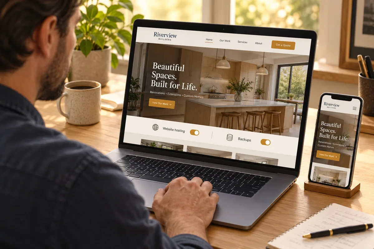 A business owner checking a hosted website on a laptop and phone