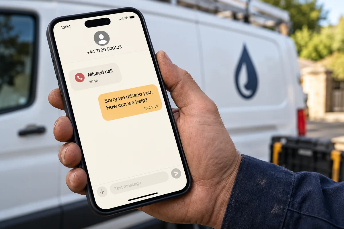 A phone displaying a missed call and an automatic text acknowledgment beside a service van