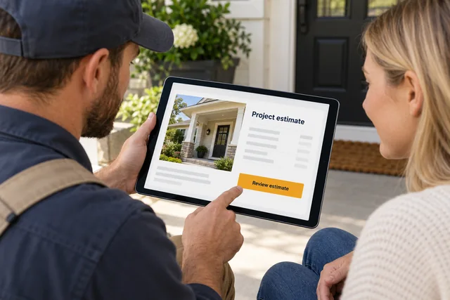 Illustrative contractor and homeowner reviewing a project estimate on a tablet