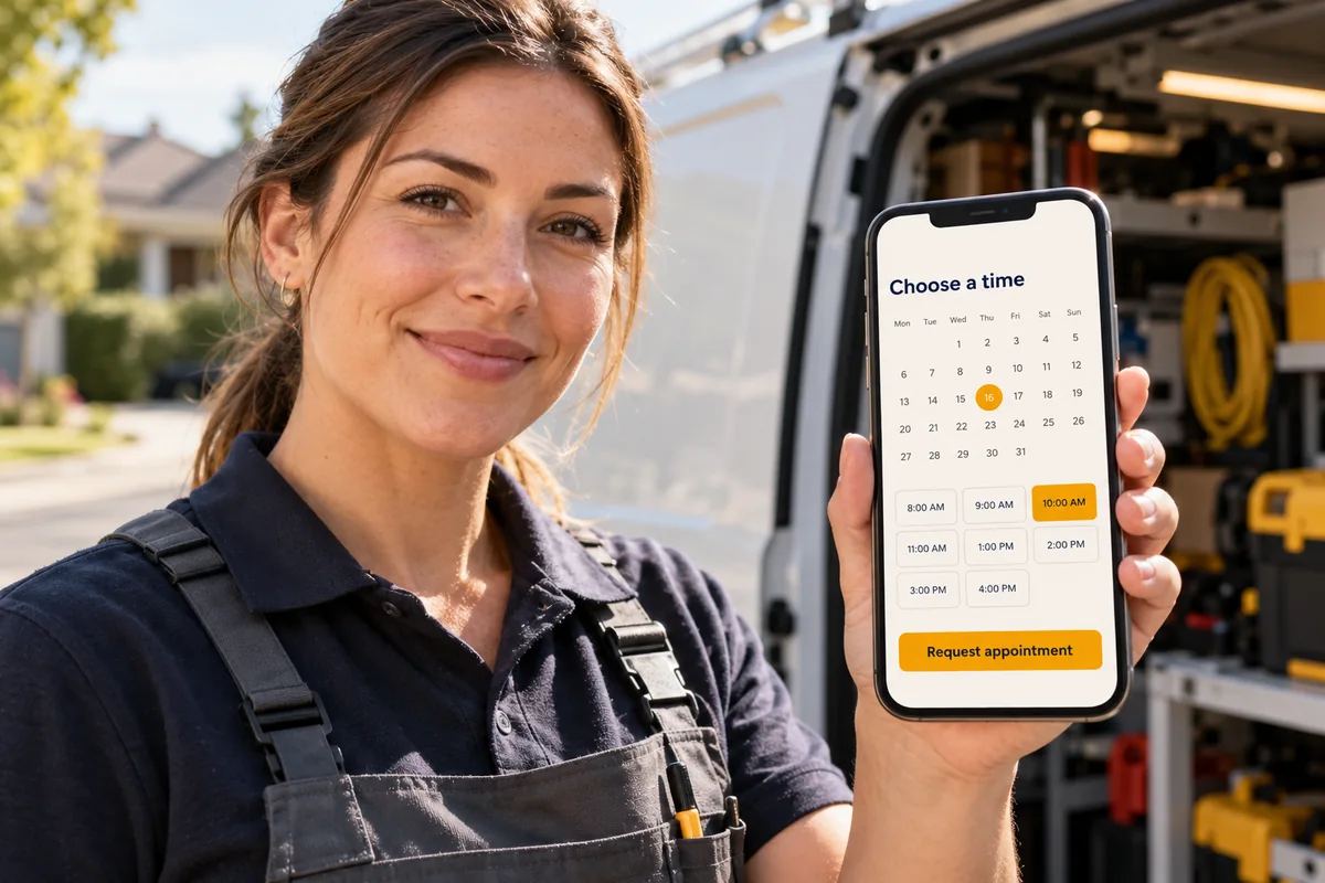 A service professional holding a phone with an appointment request calendar