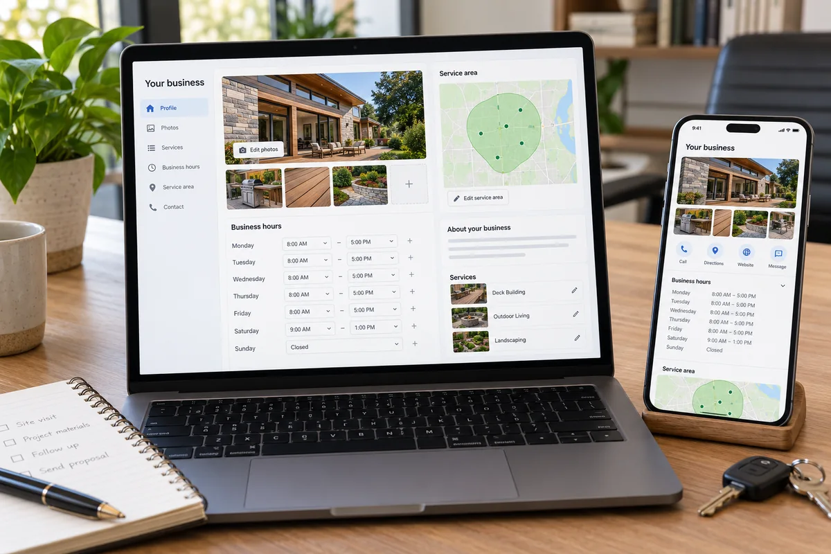 A local business profile and service area displayed on a laptop and phone