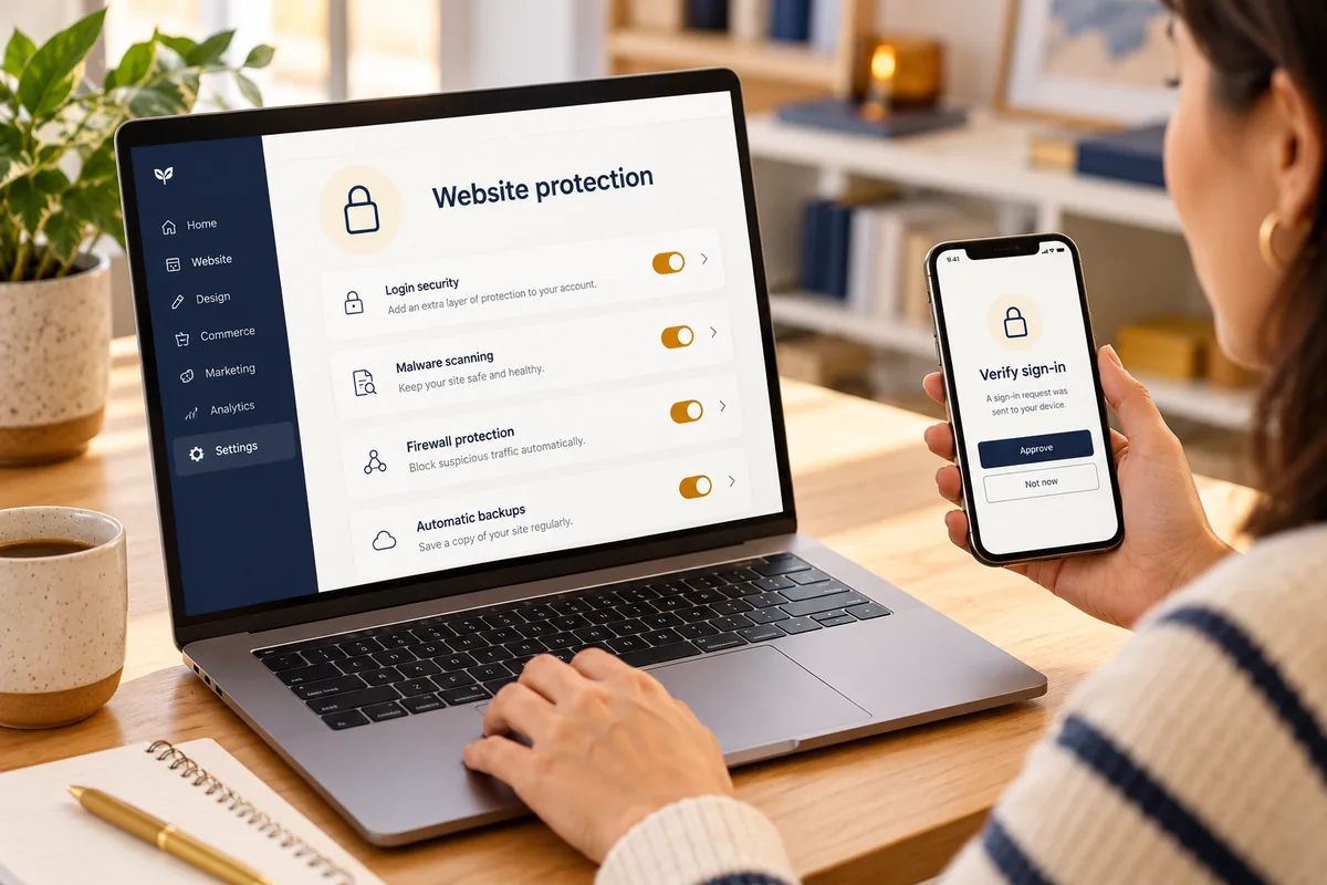 Website protection settings and a sign-in verification prompt on physical devices