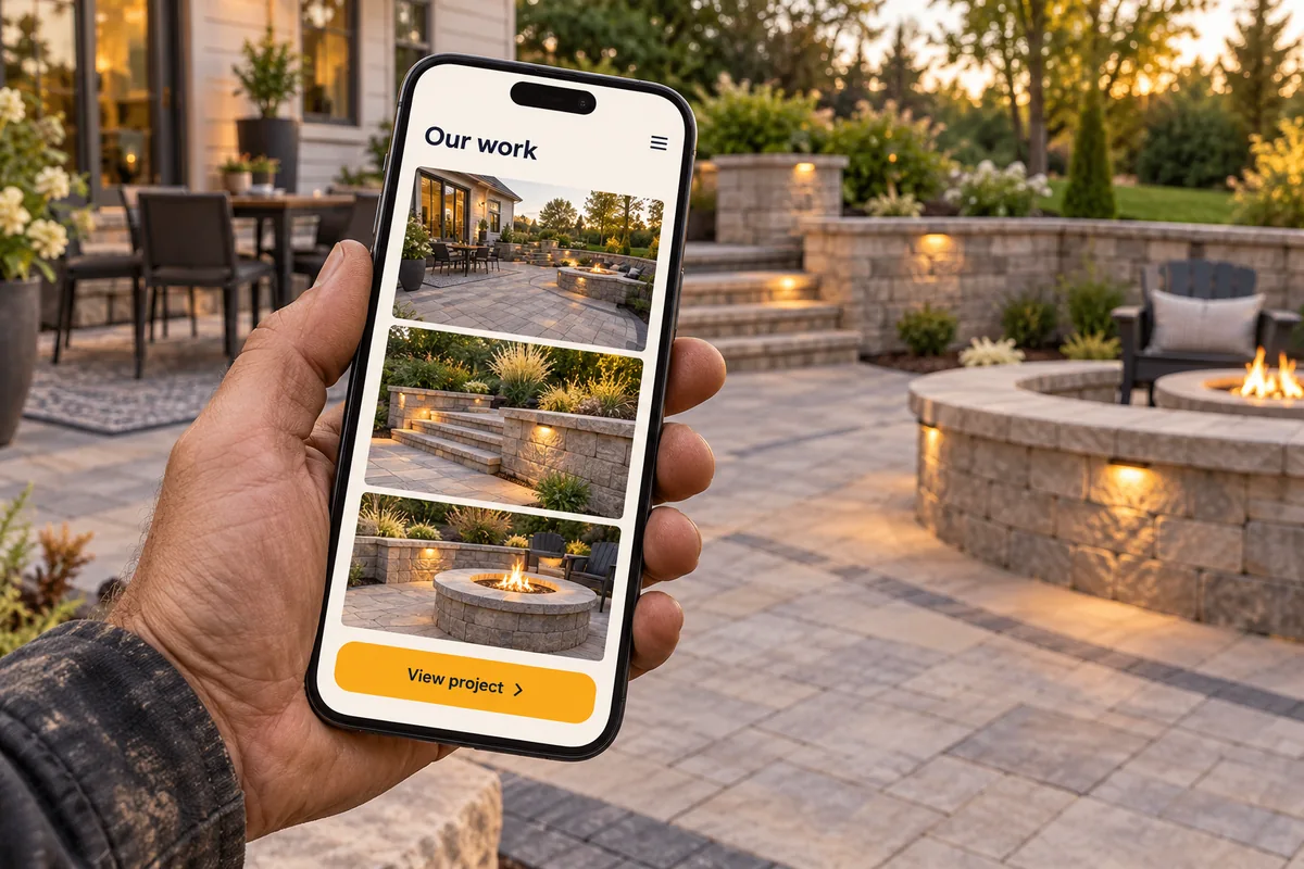 A contractor holding a phone with a gallery of completed patio projects
