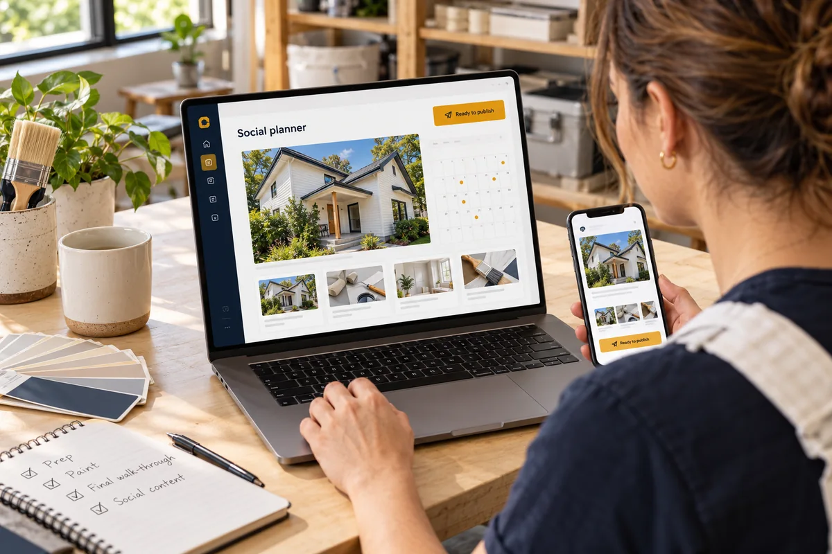 A service-business owner preparing project photos and social posts on a laptop and phone
