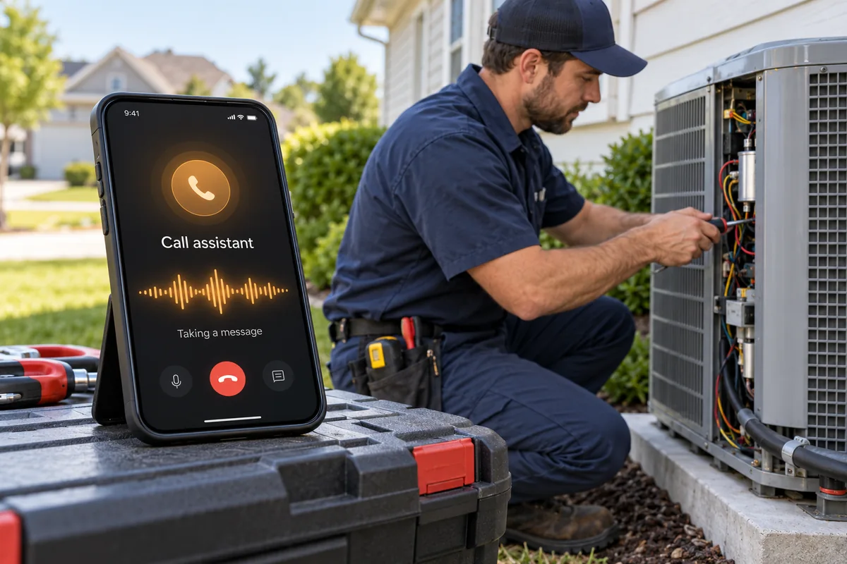 An HVAC technician working while a phone illustrates a call assistant taking a message