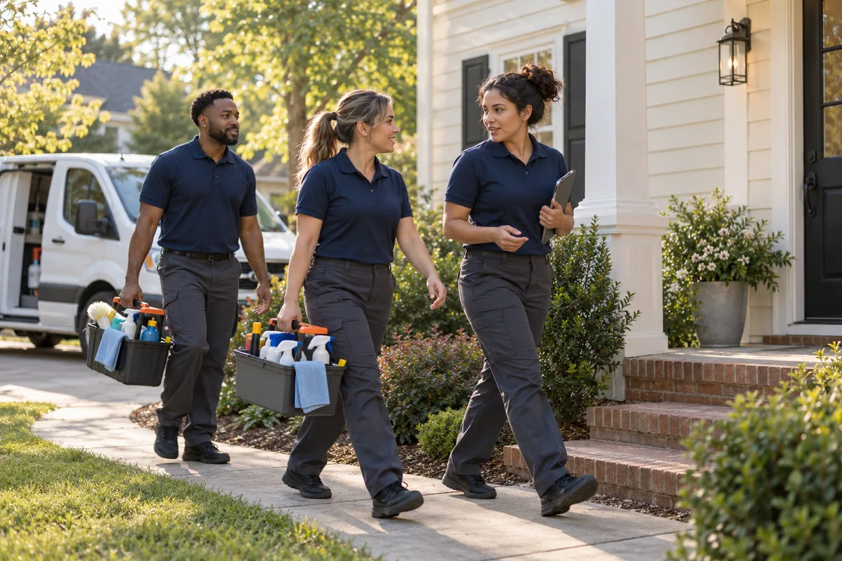 Illustrative cleaning crew arriving with supplies and a tablet