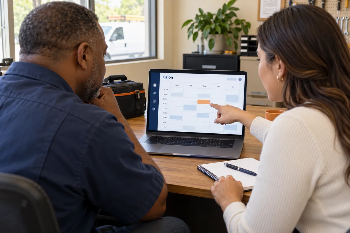 Illustrative service-business owner receiving help with a business calendar
