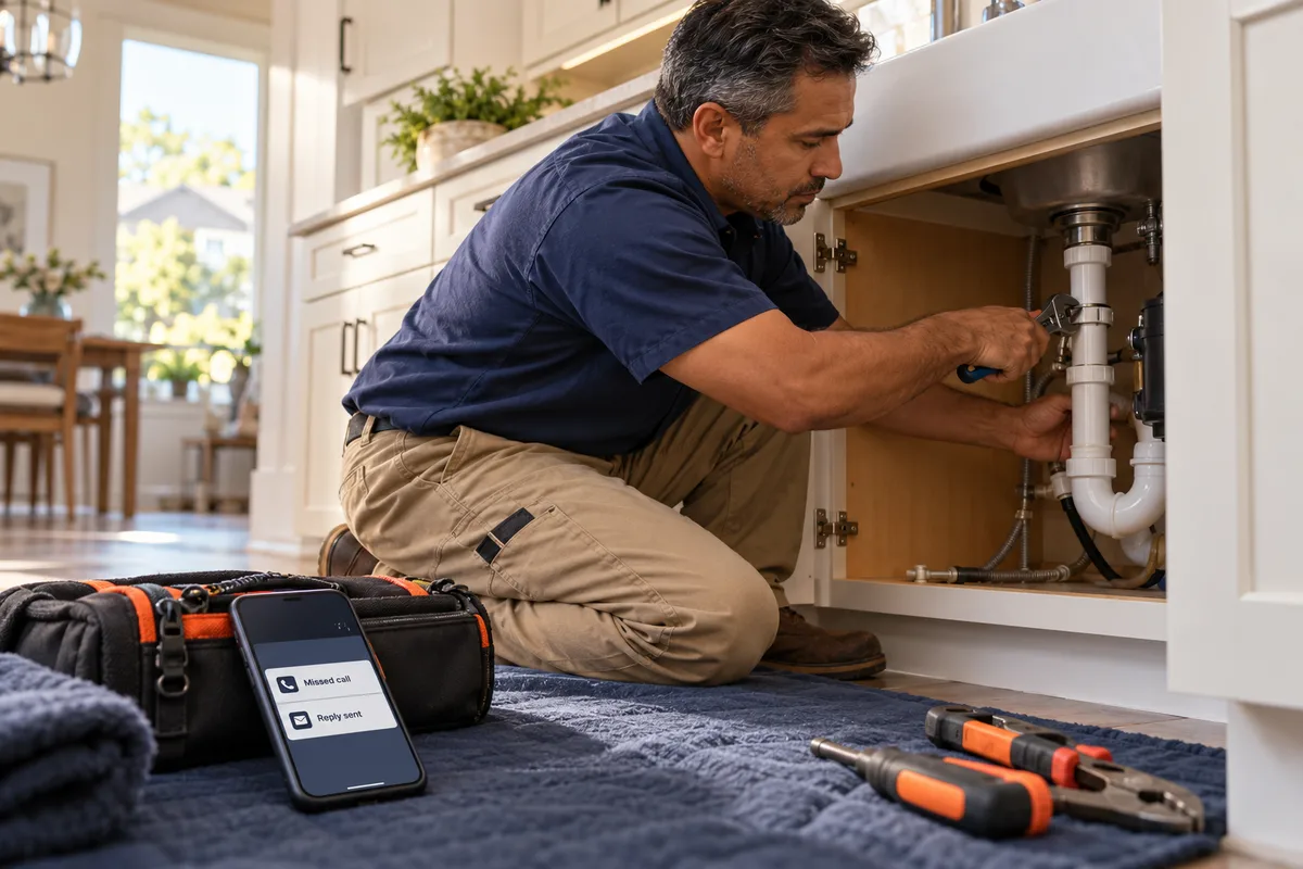 Illustrative plumber working while a phone shows a missed-call acknowledgment