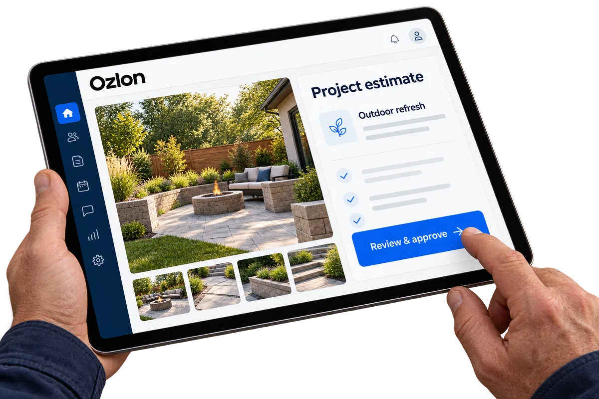 Illustrative estimate approval on a tablet held in two hands