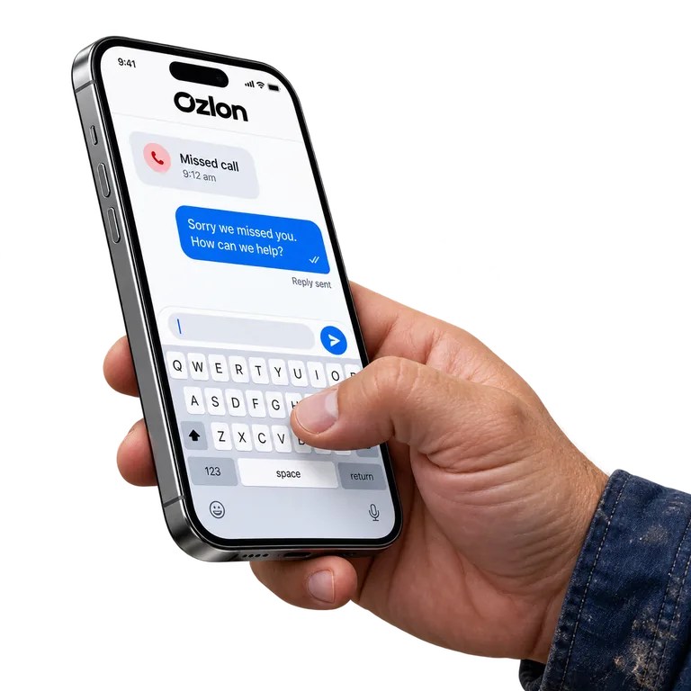 A missed call followed by an automatic text reply. Illustrative product view.