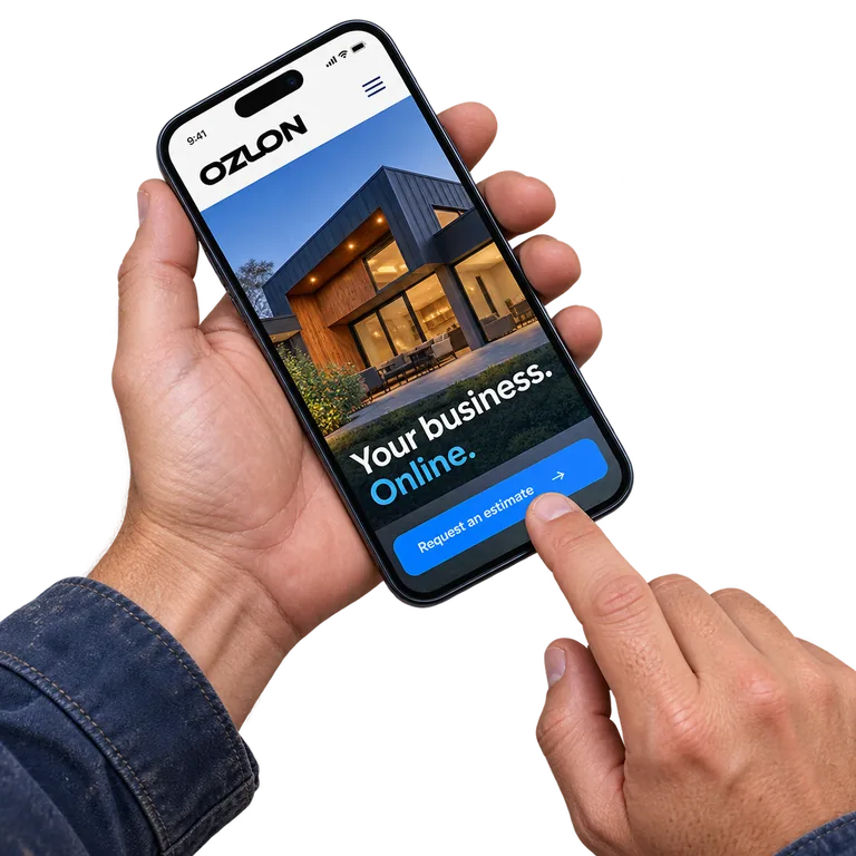 Hands opening a service business website on a phone. Illustrative product view.