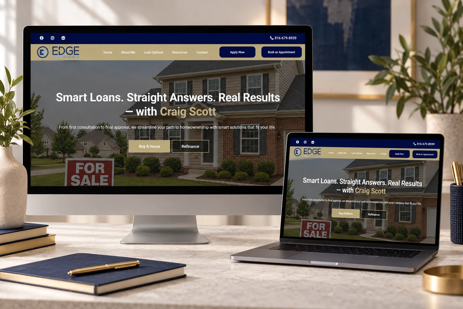 Close With Craig website presented on a desktop monitor and laptop in a branded studio mockup