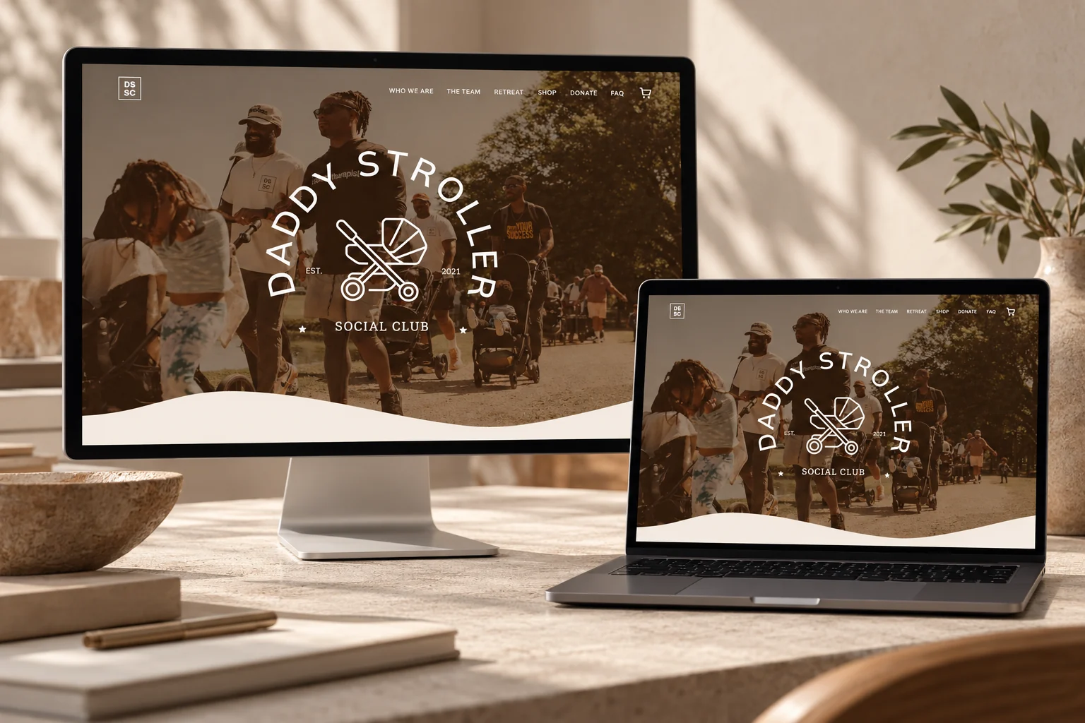Daddy Stroller Social Club website presented on a desktop monitor and laptop in a branded studio mockup
