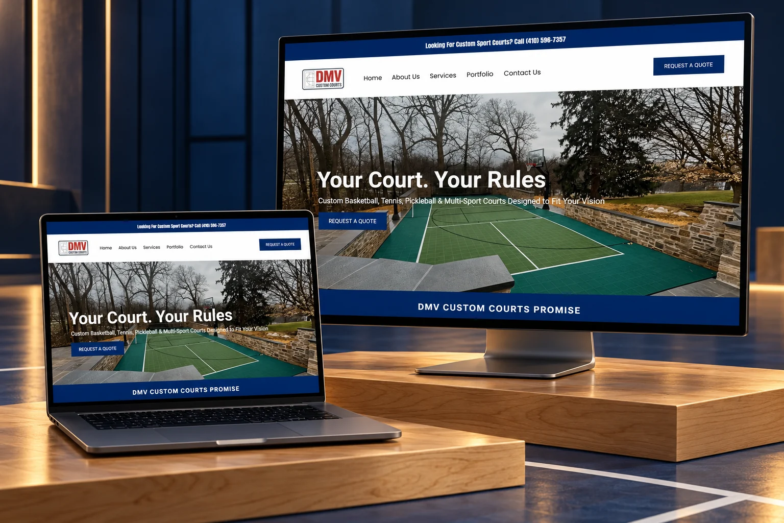 DMV Custom Courts website presented on a desktop monitor and laptop in a branded studio mockup