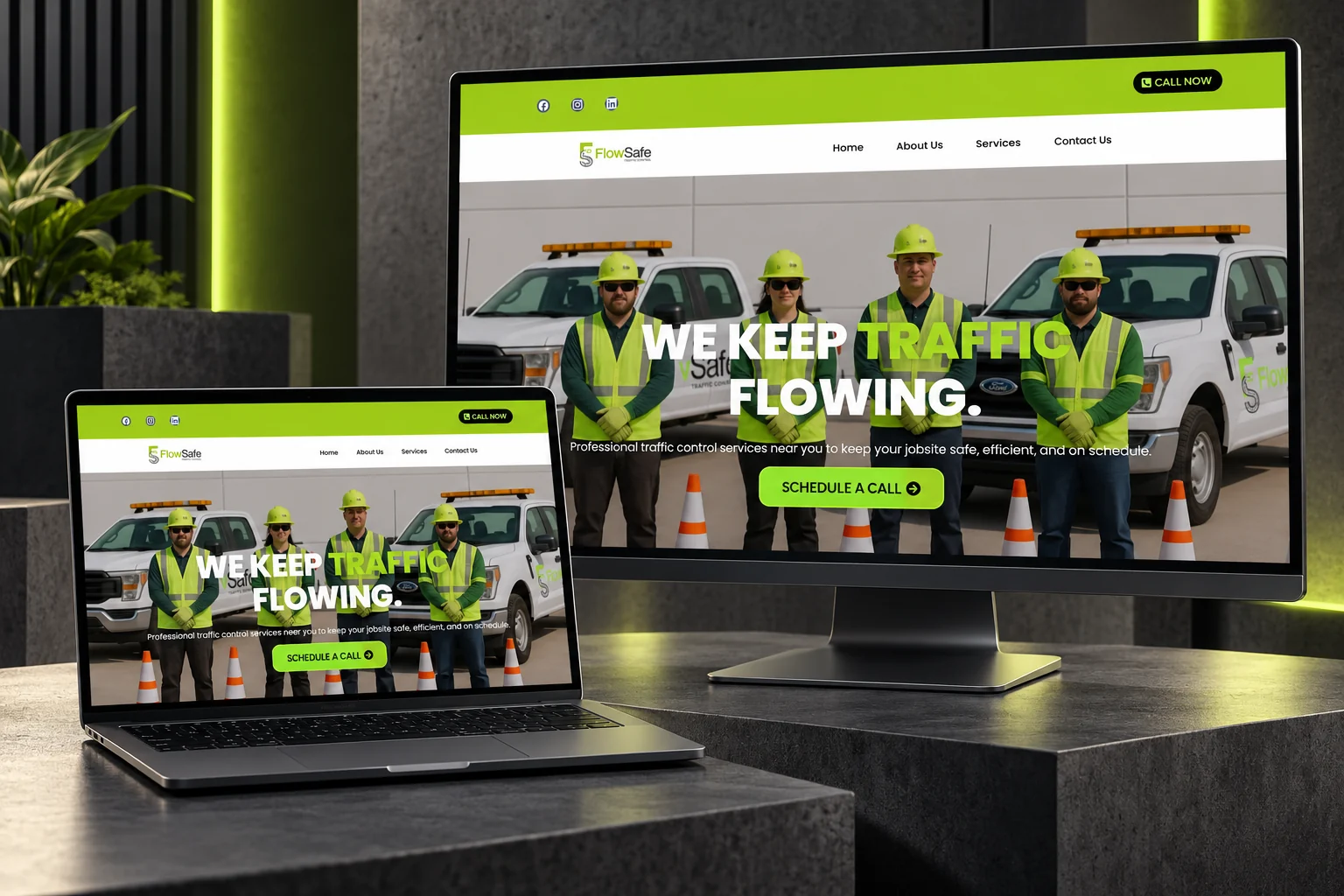 Flow Safe Traffic Control website presented on a desktop monitor and laptop in a branded studio mockup