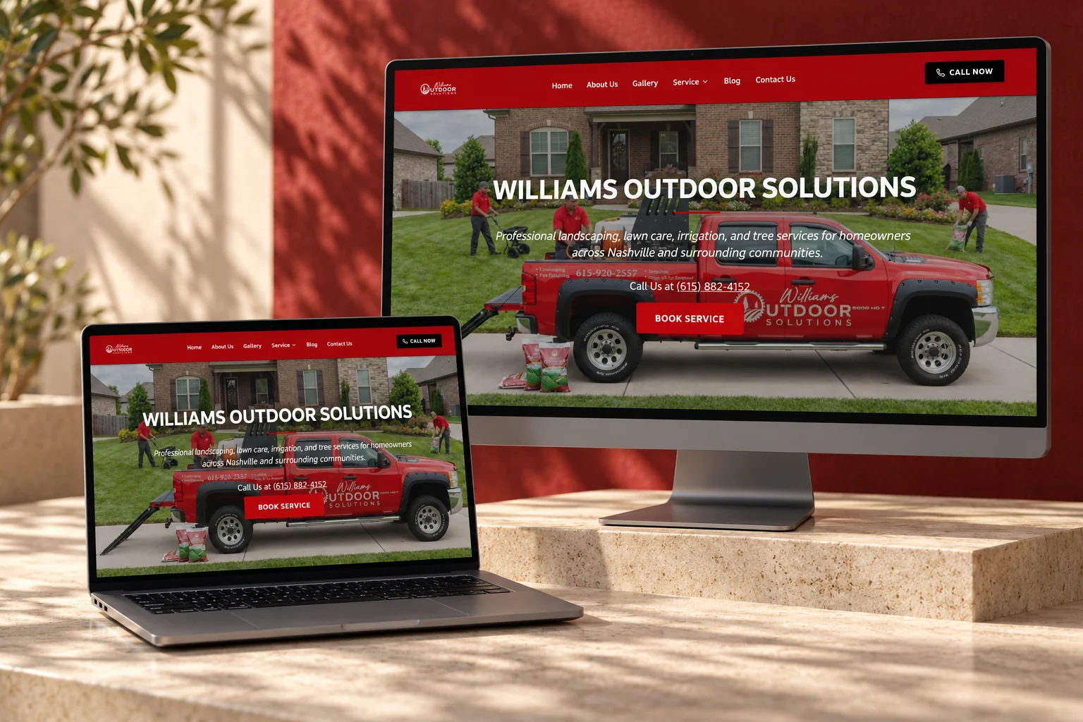 Williams Outdoor Solutions website presented on a desktop monitor and laptop in a branded studio mockup