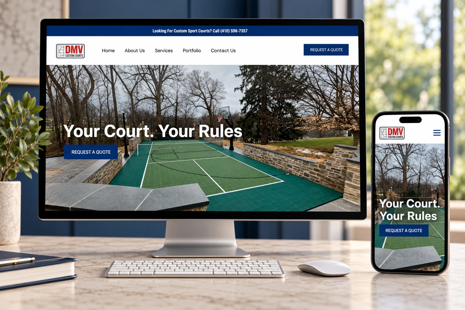DMV Custom Courts website presented on a desktop monitor and phone