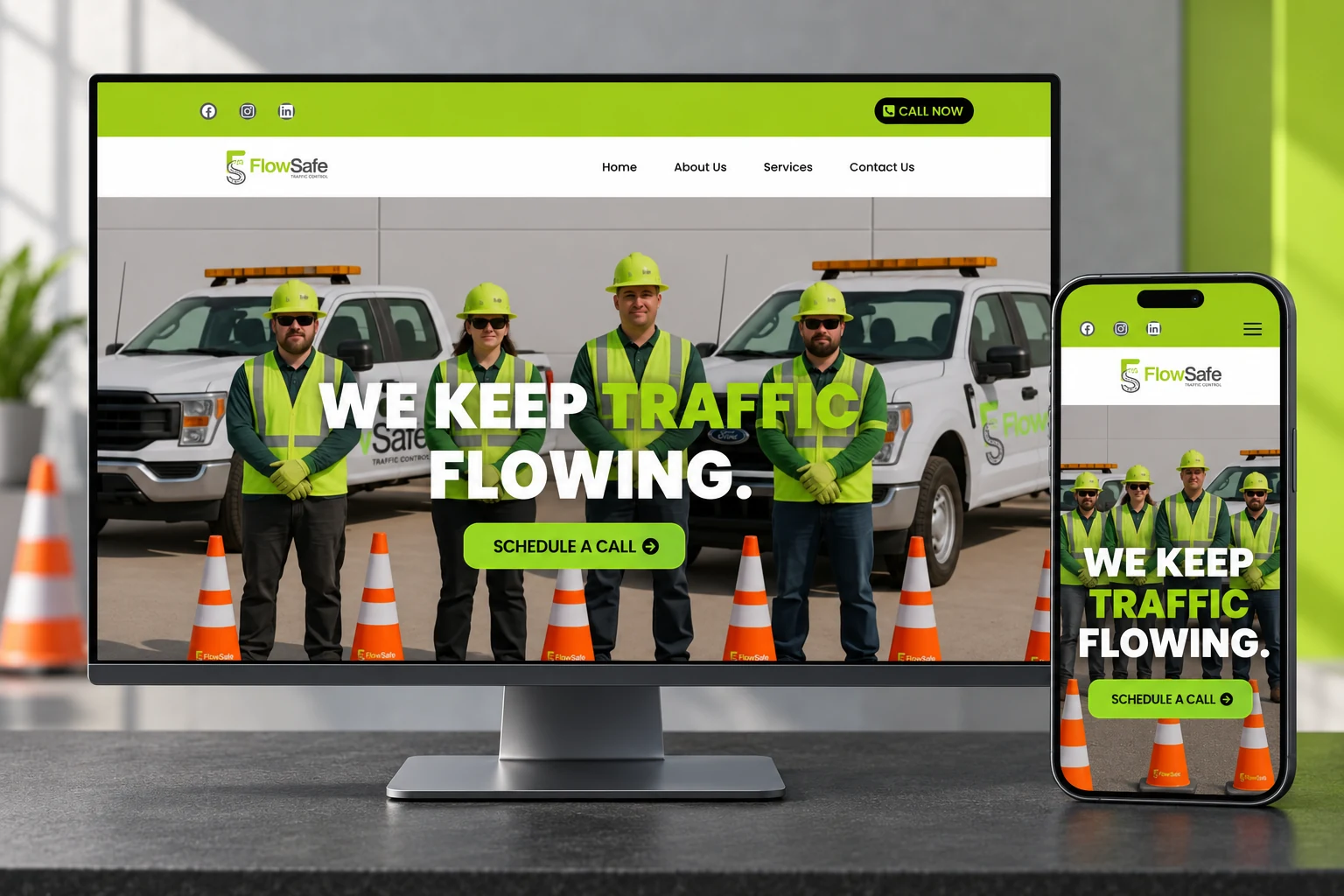 Flow Safe Traffic Control website presented on a desktop monitor and phone